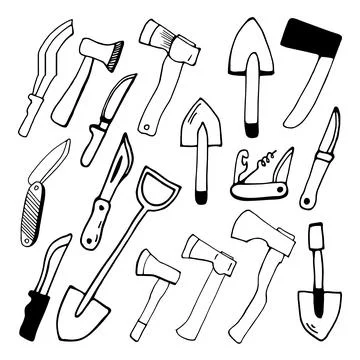 Hand drawn vector campfire axe, travel clipart. Isolated on white backgroun.. Stock Illustration