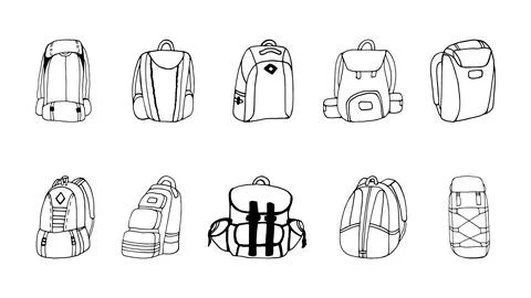 Hand drawn vector camping backpacks clipart set. Stock Illustration