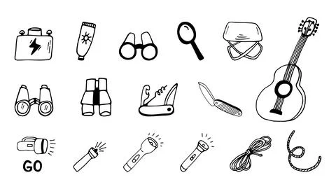 Hand drawn vector camping equipment clipart set Stock Illustration