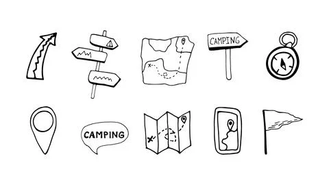 Hand drawn vector camping navigation doodle collection Stock Illustration