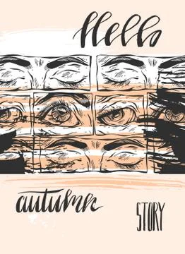 Hand drawn vector card template with handwritten lettering phase hello autumn Stock Illustration