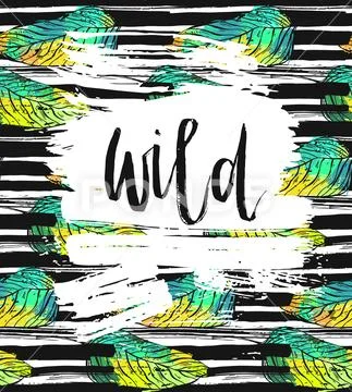 Hand drawn vector card template with ink lettering word Wild Stock Illustration