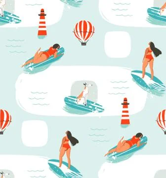 Hand drawn vector cartoon drawing summer time fun seamless pattern illustration Stock Illustration