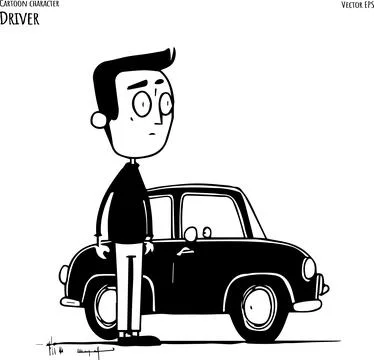 Hand drawn vector cartoon illustration of car driver with a car Stock Illustration