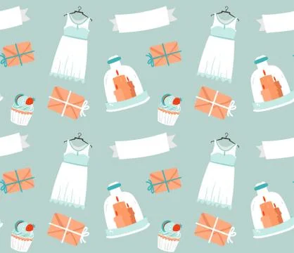 Hand drawn vector cartoon rustic sketched wedding elements seamless pattern Stock Illustration