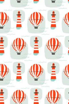 Hand drawn vector cartoon seamless pattern with lighthouse,hot air balloon and イラスト素材