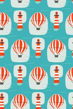 Hand drawn vector cartoon seamless pattern with lighthouse,hot air balloon and Stock Illustration