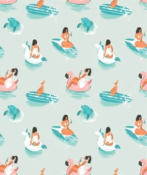 Hand drawn vector cartoon summer time seamless pattern with girls,pool floats Stock Illustration