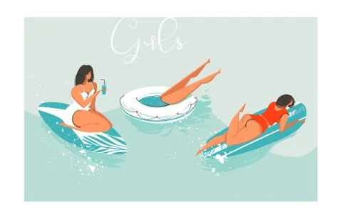 Hand drawn vector cartoon summer time fun beach girls collection illustrations Stock Illustration