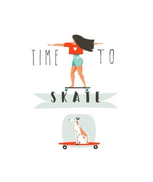 Hand drawn vector cartoon summer time fun illustration with young girl riding on Ilustración de archivo