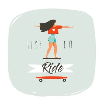 Hand drawn vector cartoon summer time fun illustration with young girl riding on Stock Illustration