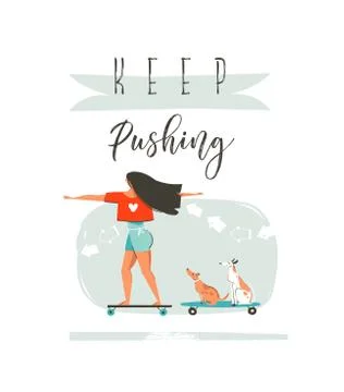 Hand drawn vector cartoon summer time fun illustration with young girl riding on Stock Illustration