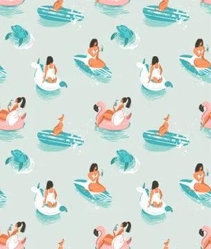 Hand drawn vector cartoon summer time seamless pattern with girls,pool floats Stock Illustration