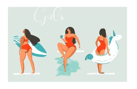 Hand drawn vector cartoon summer time fun beach girls collection illustration Stock Illustration