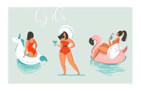 Hand drawn vector cartoon summer time fun beach girls collection illustration Stock Illustration