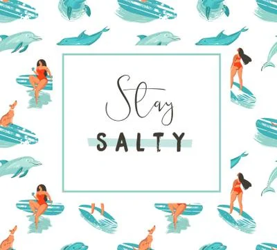 Hand drawn vector cartoon summer time fun poster template with surfer girls and Stock Illustration