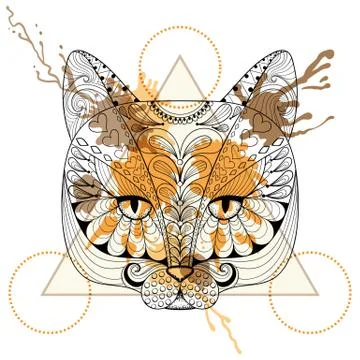 Hand drawn vector Cat head for adult coloring page in zentangle 스톡 일러스트