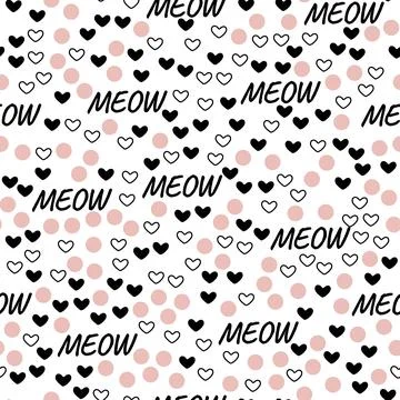 Hand drawn vector cat seamless pattern of meow and hearts Stock Illustration