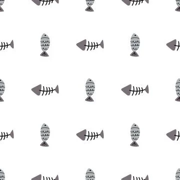 Hand drawn vector cat seamless cartoon fish and fish bone pattern Stock Illustration