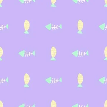 Hand drawn vector cat seamless cartoon fish and fish bone pattern Stock Illustration