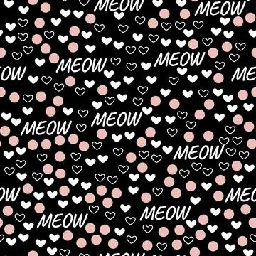 Hand drawn vector cat seamless pattern of meow and hearts Stock Illustration