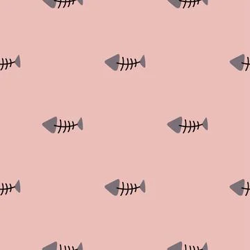 Hand drawn vector cat seamless pattern of funny cartoon fish bone, fish skeleton Stock Illustration