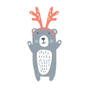 Hand drawn vector Christmas cute scandinavian bear with deer antlers Stock Illustration