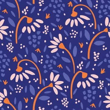 Hand Drawn Vector Classic Blue Daisy Summer Bloom Floral Motif Seamless Pattern 스톡 일러스트