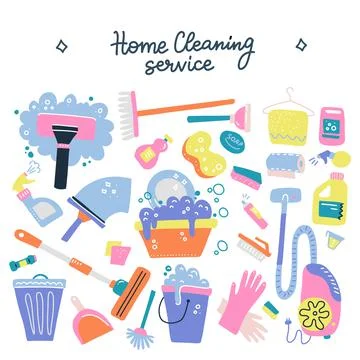 Hand drawn vector cleaning service tools concep. Cleaning equipment symbols Stock Illustration