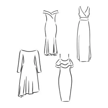 Hand drawn vector clothing set. of trendy dresses isolated on white. dress ve Stock Illustration