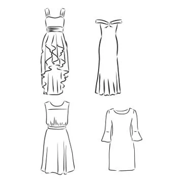 Hand drawn vector clothing set. of trendy dresses isolated on white. dress ve Stock Illustration