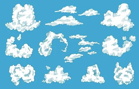 Hand drawn vector clouds set. Vintage retro sky design. Engraved sketch Stock Illustration