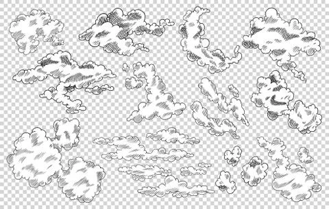Hand drawn vector clouds set. Vintage retro sky design. Engraved sketch Illustrazione stock