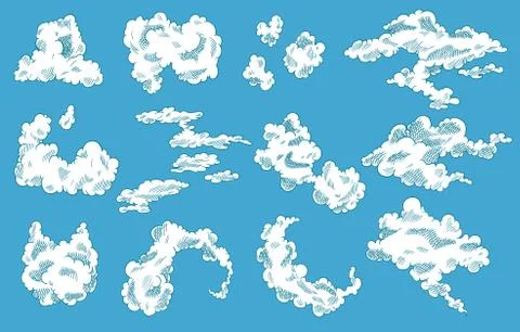 Hand drawn vector clouds set. Vintage retro sky design. Engraved sketch Stock Illustration
