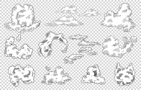 Hand drawn vector clouds set. Vintage retro sky design. Engraved sketch Illustrazione stock