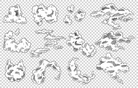 Hand drawn vector clouds set. Vintage retro sky design. Engraved sketch Illustrazione stock