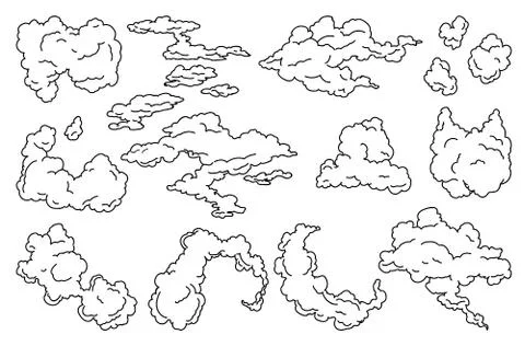 Hand drawn vector clouds set. Vintage retro sky design. Engraved sketch Stock Illustration