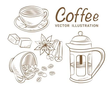 Hand drawn vector coffee illustration set cinnamon coffee cup Stock Illustration