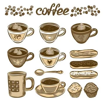 Hand drawn vector coffee set. Coffee cups and cakes. Illustrazione stock