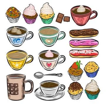 Hand drawn vector coffee set. Coffee cups and cakes. Illustrazione stock