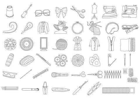 Hand drawn Vector Collection of illustrations showcasing sewing, knitting, .. Stock Illustration