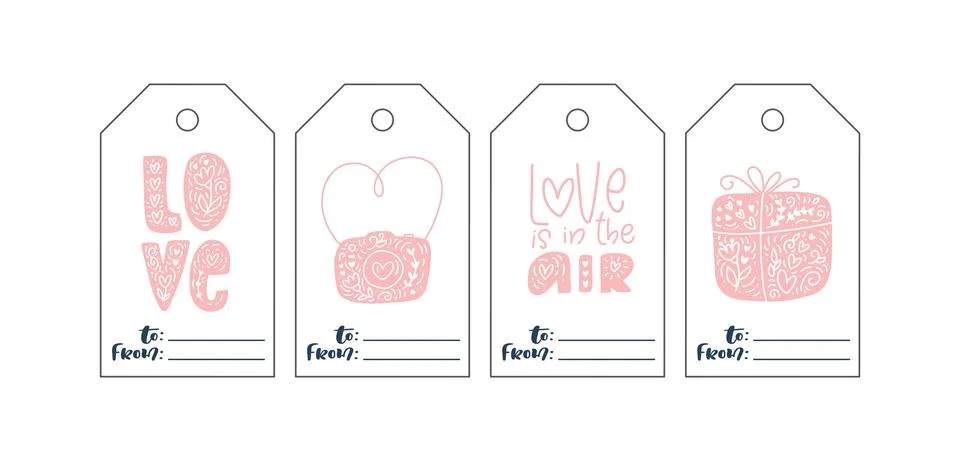Hand drawn vector collection of Valentines Day gift tags. Love and romance tags 스톡 일러스트
