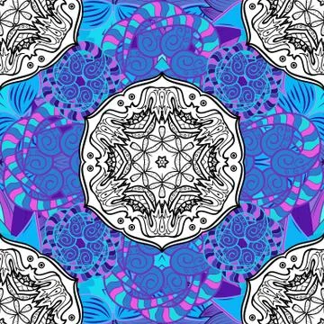 Hand drawn vector colored Mandala seamless pattern. Arabic, indian, turkish and Illustrazione stock