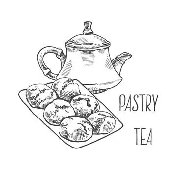 Hand drawn vector cookies, teapot with sign 스톡 일러스트