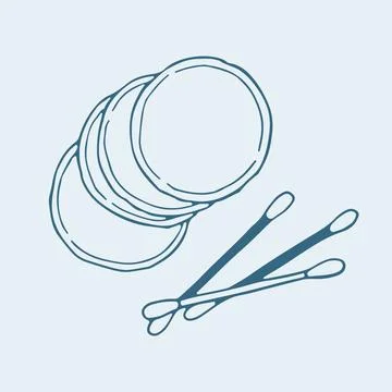 Hand drawn vector of cotton pads and swabs. Blue line art illustration of Stock Illustration