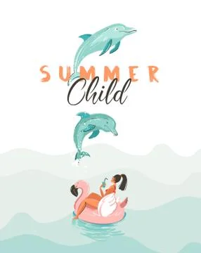 Hand drawn vector creative cartoon summer time poster with jumping dolphins,girl Stock Illustration