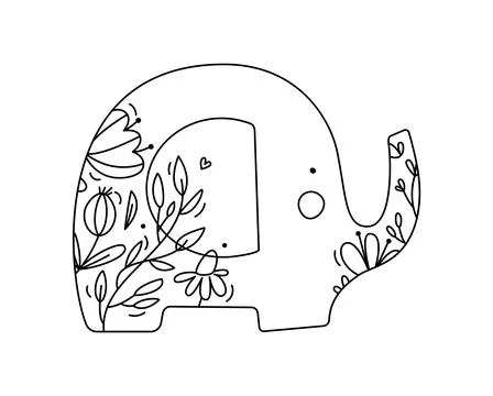 Hand drawn vector cute baby elephant with line berries, branches, flower texture Stock Illustration