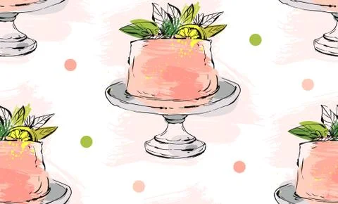 Hand drawn vector cute birthday or wedding seamless pattern with cake on stand Illustrazione stock