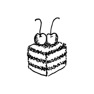 Hand drawn vector cute cherry cake. Doodle style. Black outline isolated on Stock Illustration