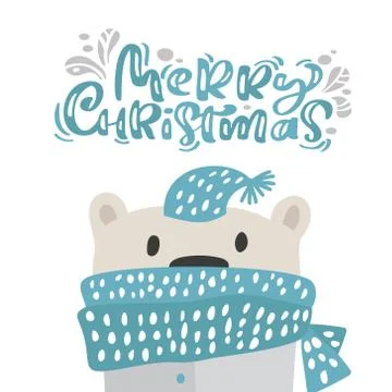 Hand drawn vector of cute funny winter bear in scarf and hat. Merry Christmas Stock Illustration